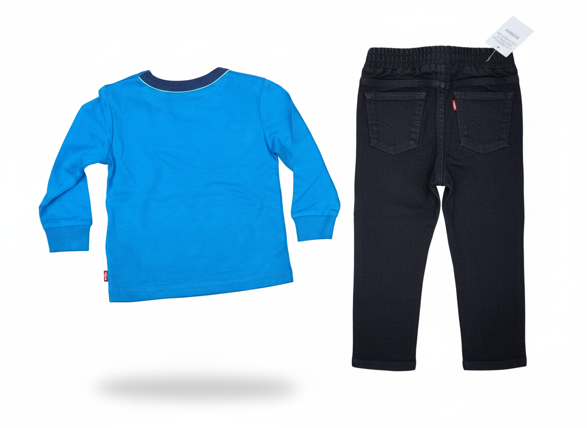 Completo LEVI'S® – T-Shirt Blu con Logo e Jeans Neri in Denim Morbido Baby