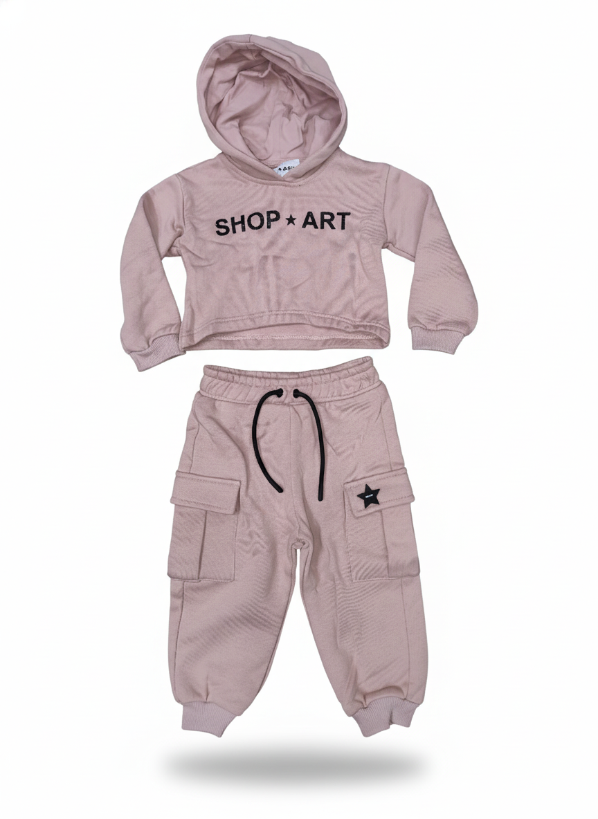 Completo Tuta SHOP★ART Baby – Felpa Cropped e Pantalone Cargo Rosa Antico con Stampa
