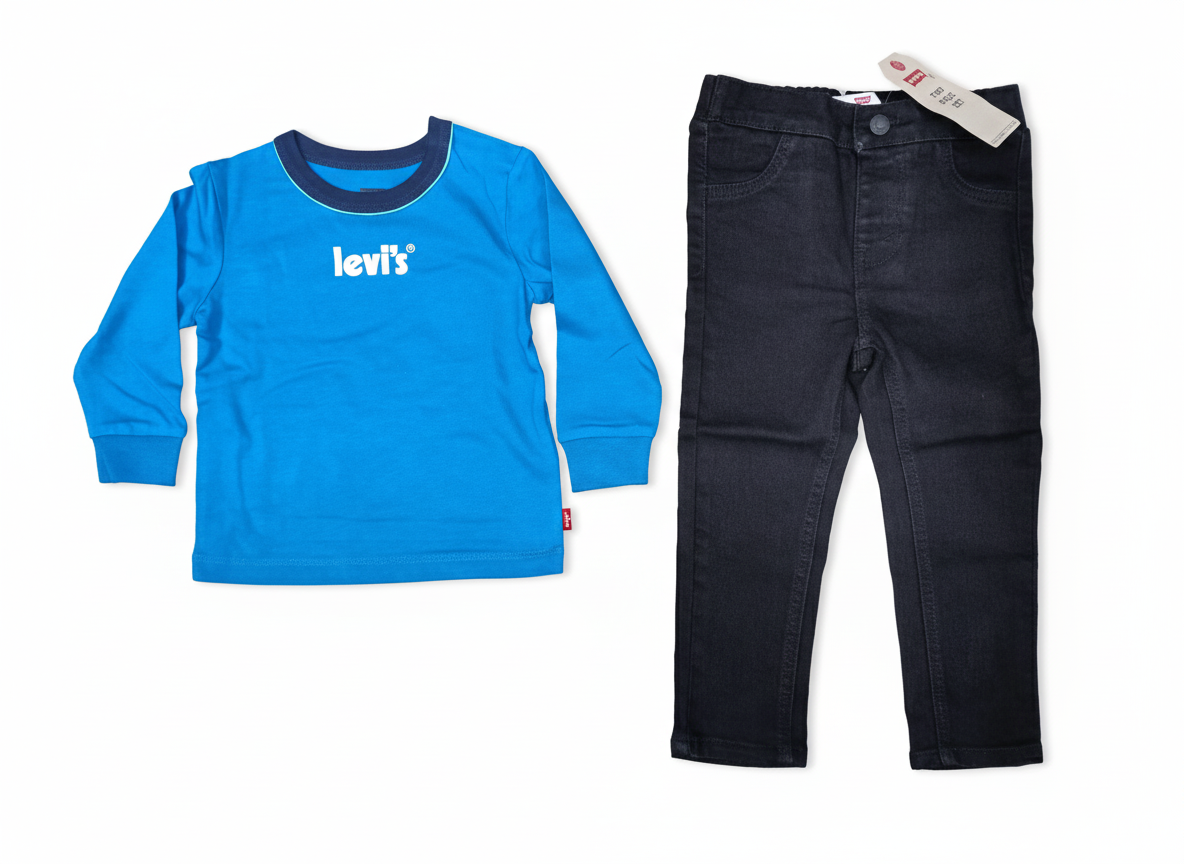 Completo LEVI'S® – T-Shirt Blu con Logo e Jeans Neri in Denim Morbido Baby