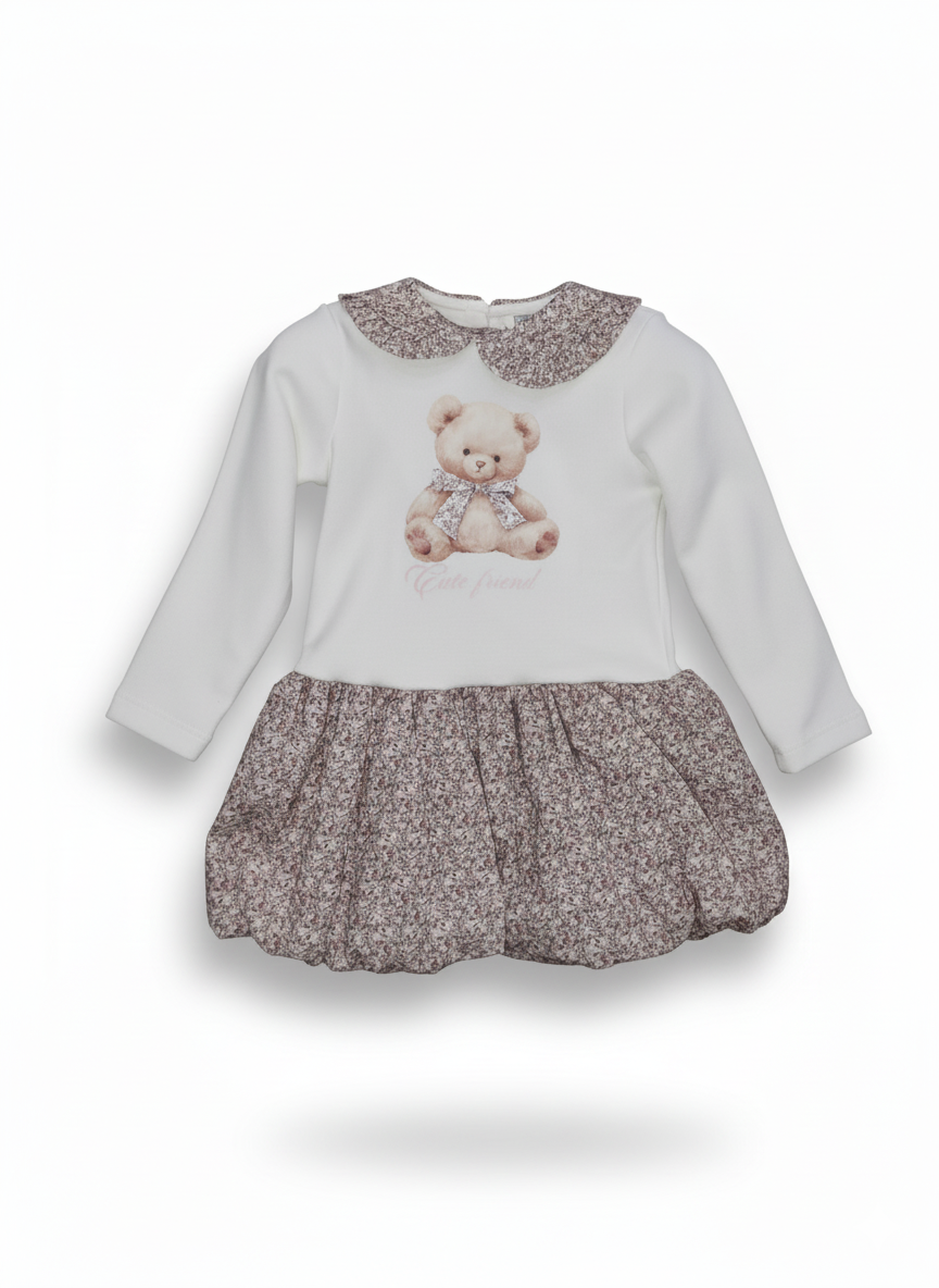 Nalú Abito Baby in Caldo Cotone – Balza a Palloncino, Collo Floreale e Stampa Orsetto “Cute Friend”