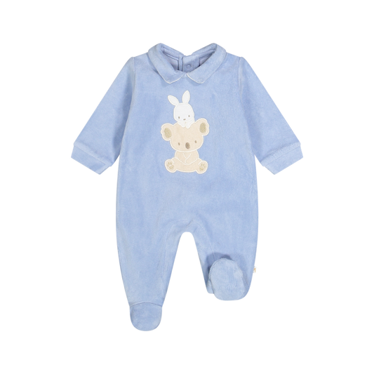 Tutina celeste in ciniglia misto cotone a manica lunga neonato