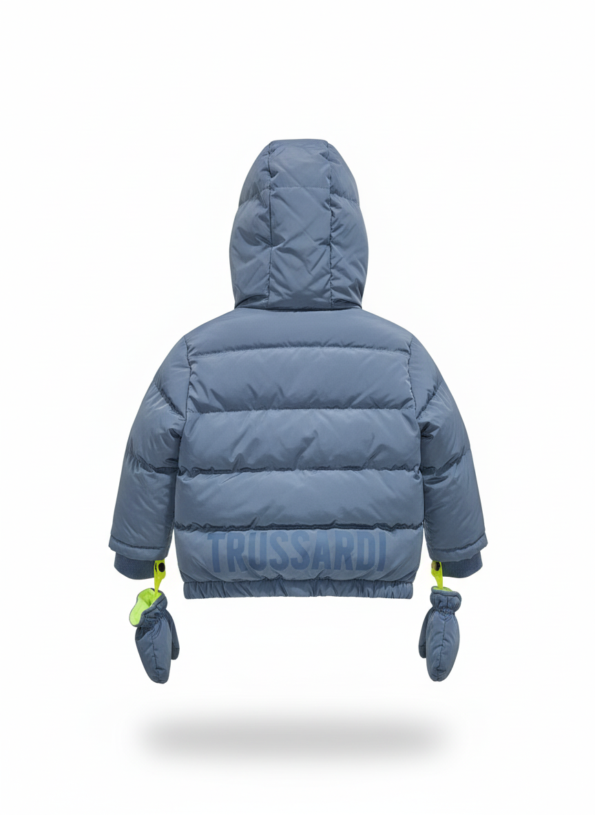 Trussardi Piumino Baby – Grigio con Interno Giallo Fluo e Guantini Monodita Coordinati