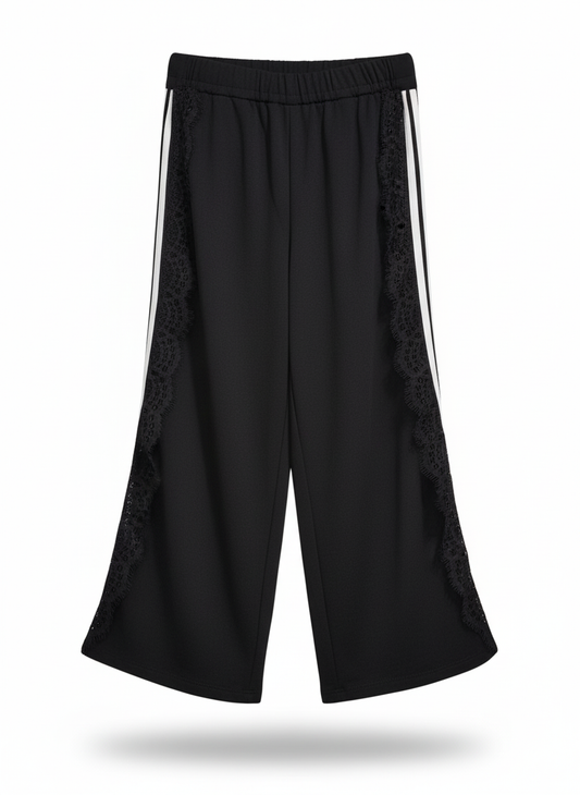 Akyta Pantalone Palazzo Bambina – Felpa Nera con Fascia in Pizzo e Strisce Bianche
