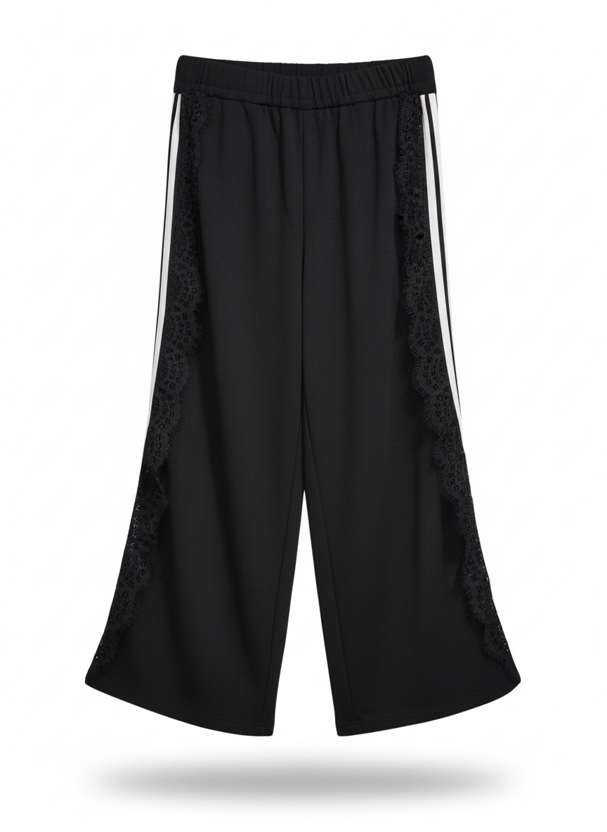 Akyta Pantalone Palazzo Bambina – Felpa Nera con Fascia in Pizzo e Strisce Bianche