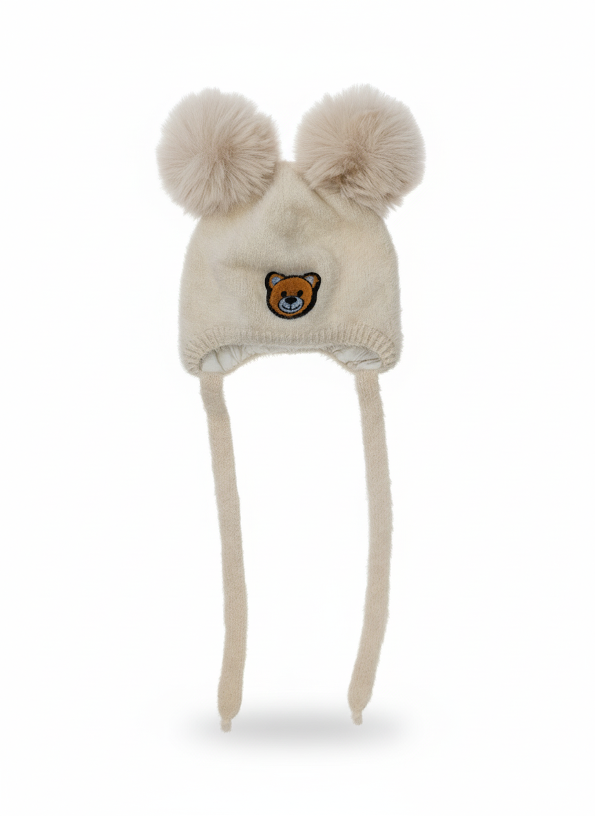 Jamiks Cuffia Baby Invernale – Doppio Pon Pon, Paraorecchie e Laccetti con Toppa Orsetto e Interno in Cotone