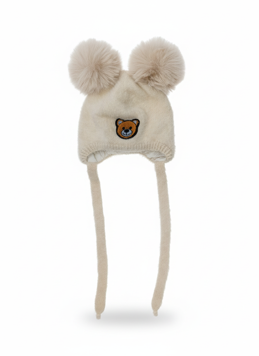 Jamiks Cuffia Baby Invernale – Doppio Pon Pon, Paraorecchie e Laccetti con Toppa Orsetto e Interno in Cotone