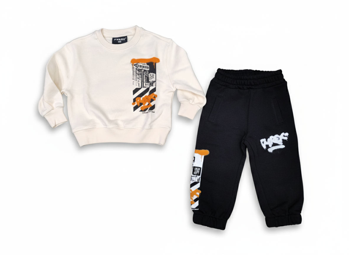 Completo Tuta PYREX Baby – Felpa Panna e Pantalone Nero con Stampe Frontali e Posteriori