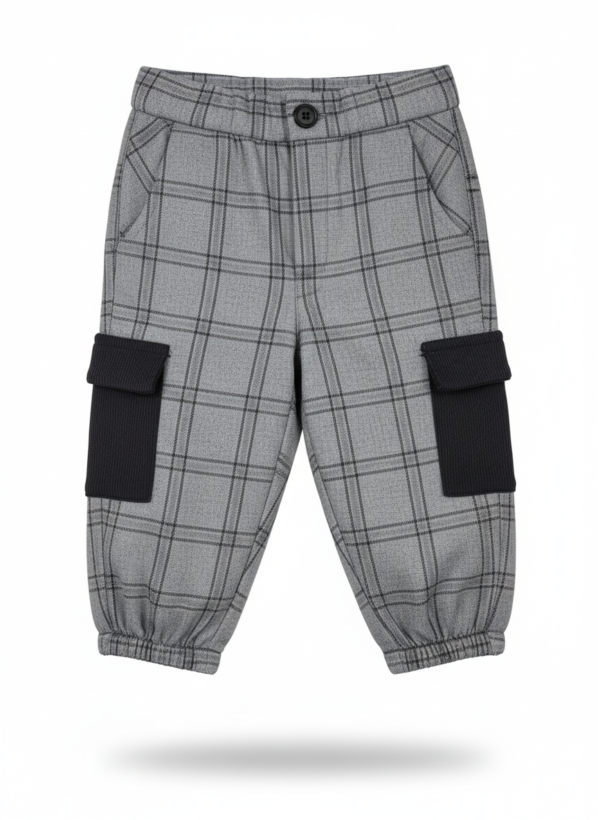 Nalú Pantalone Cargo Baby a Quadri – Tessuto Morbido con Tasche in Velluto ed Elastico alla Caviglia