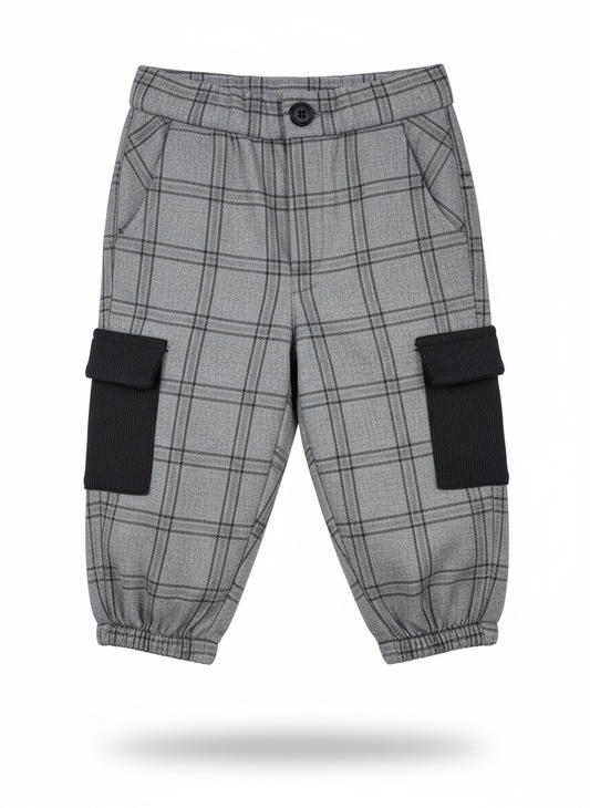 Nalú Pantalone Cargo Baby a Quadri – Tessuto Morbido con Tasche in Velluto ed Elastico alla Caviglia