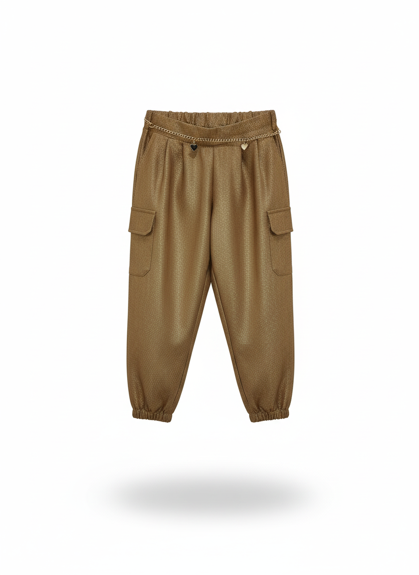 Akyta Cargo Bambina Oro – Pantaloni Lurex con Elastico in Vita e Cintura con Ciondoli