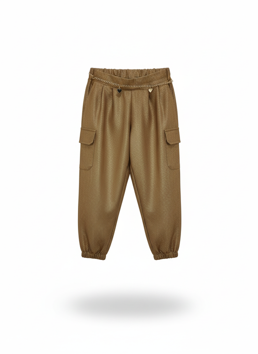 Akyta Cargo Bambina Oro – Pantaloni Lurex con Elastico in Vita e Cintura con Ciondoli