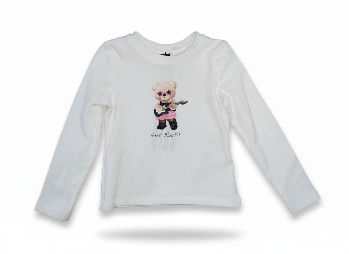Naice Maglia Girocollo Bambina – Caldo Cotone Bianco con Stampa Orsetto Rock “Girl Rock!”