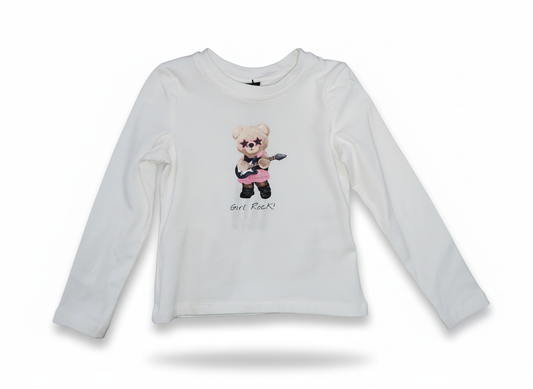 Naice Maglia Girocollo Bambina – Caldo Cotone Bianco con Stampa Orsetto Rock “Girl Rock!”