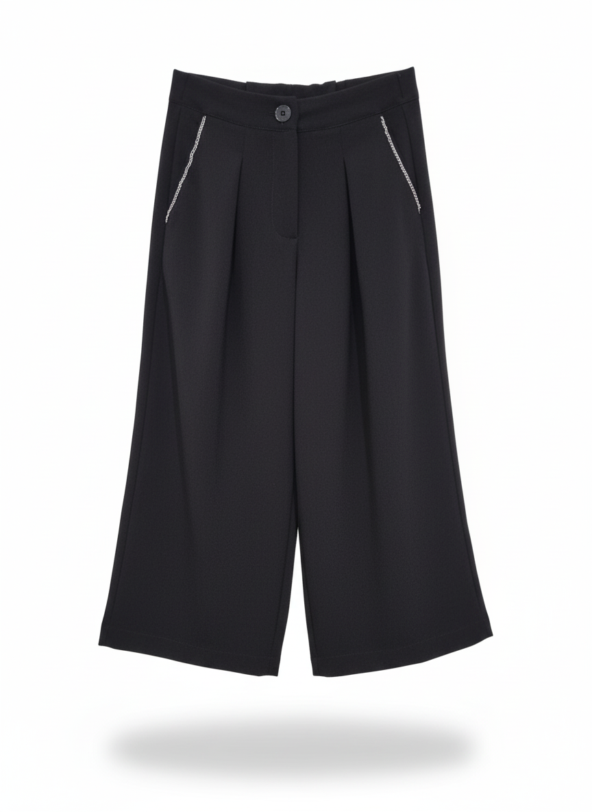 Shop Art Pantalone Palazzo Bambina – Vita Alta con Bottone e Tasche con Dettagli Bianchi