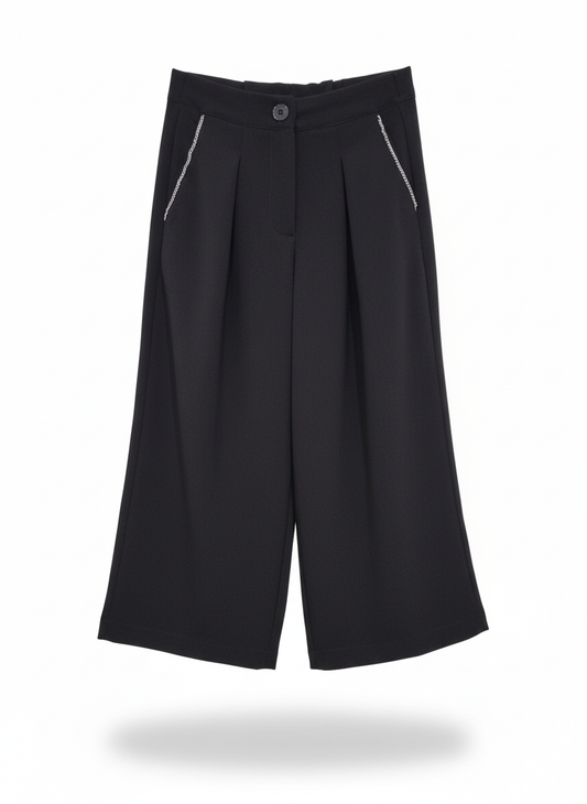 Shop Art Pantalone Palazzo Bambina – Vita Alta con Bottone e Tasche con Dettagli Bianchi