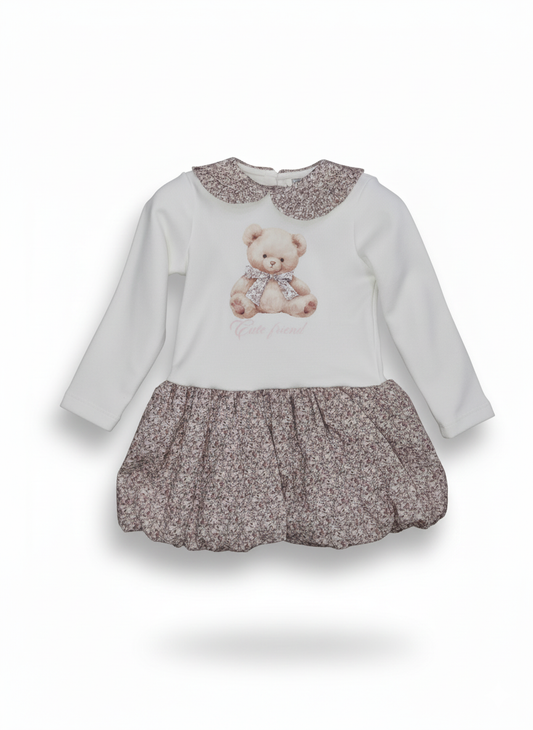 Nalú Abito Baby in Caldo Cotone – Balza a Palloncino, Collo Floreale e Stampa Orsetto “Cute Friend”