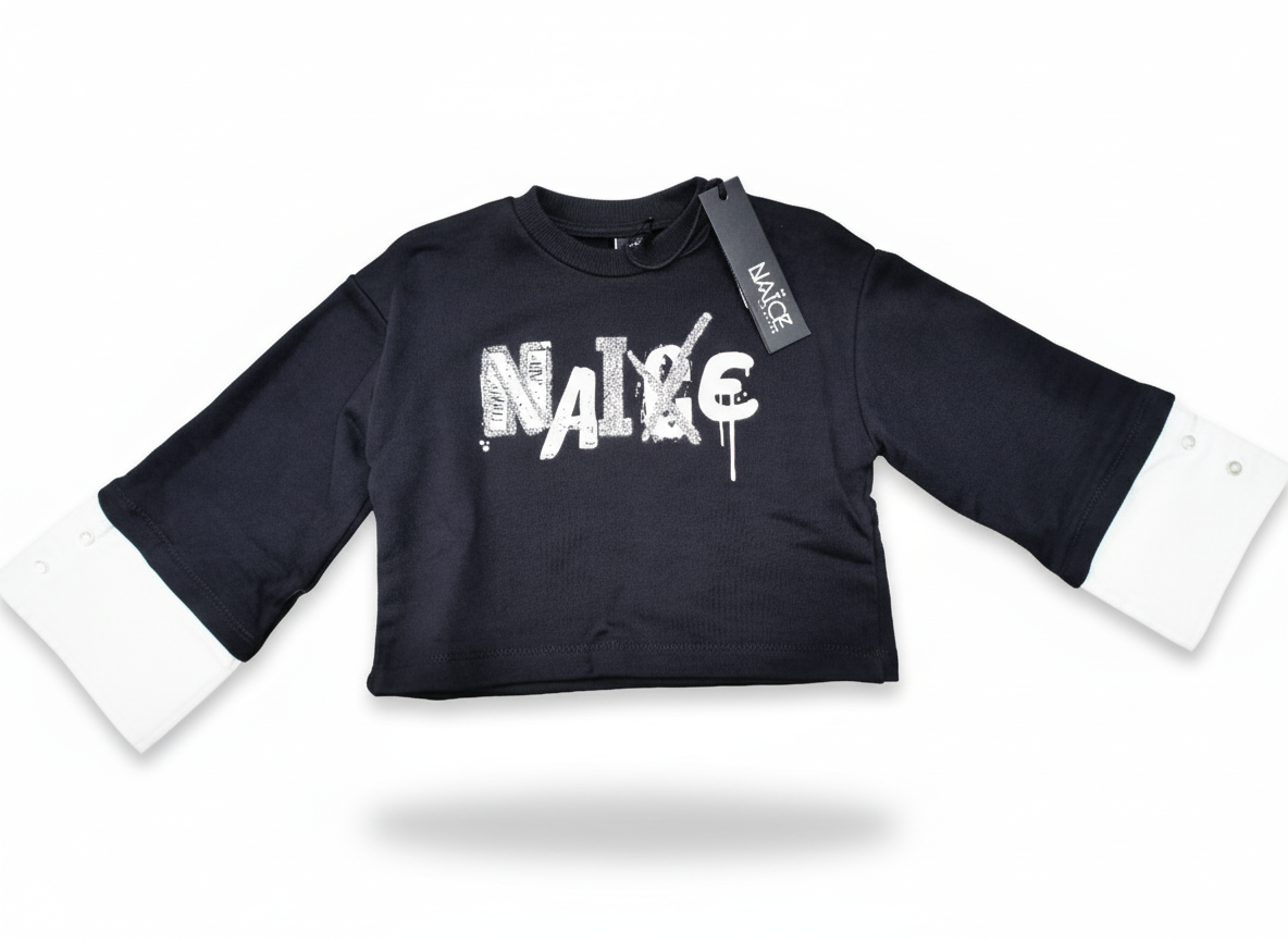 Naice Felpa Garzata Cropped – Stampa Frontale e Maniche Effetto Camicia, Vestibilità Over