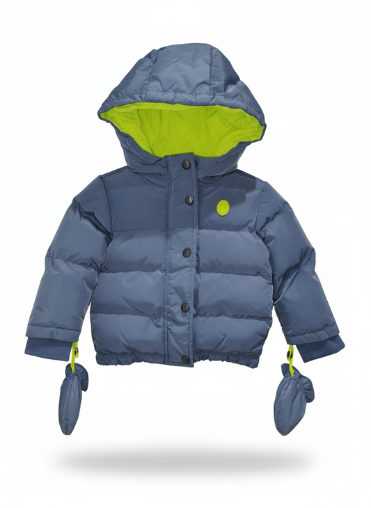 Trussardi Piumino Baby – Grigio con Interno Giallo Fluo e Guantini Monodita Coordinati